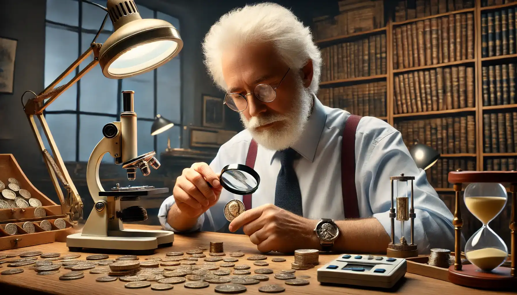 an elderly numismatist assesing a coin with a special equipment