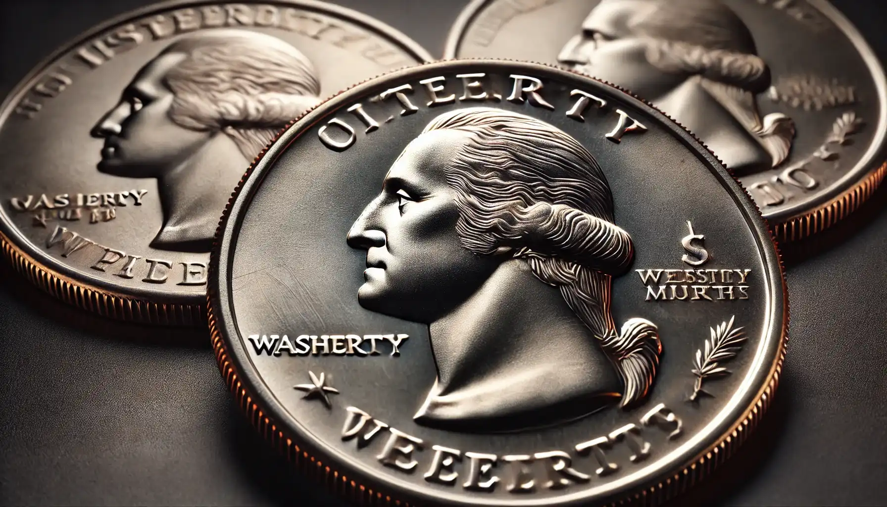 A detailed close-up of Washington quarters displaying "S" quarter mint mark.