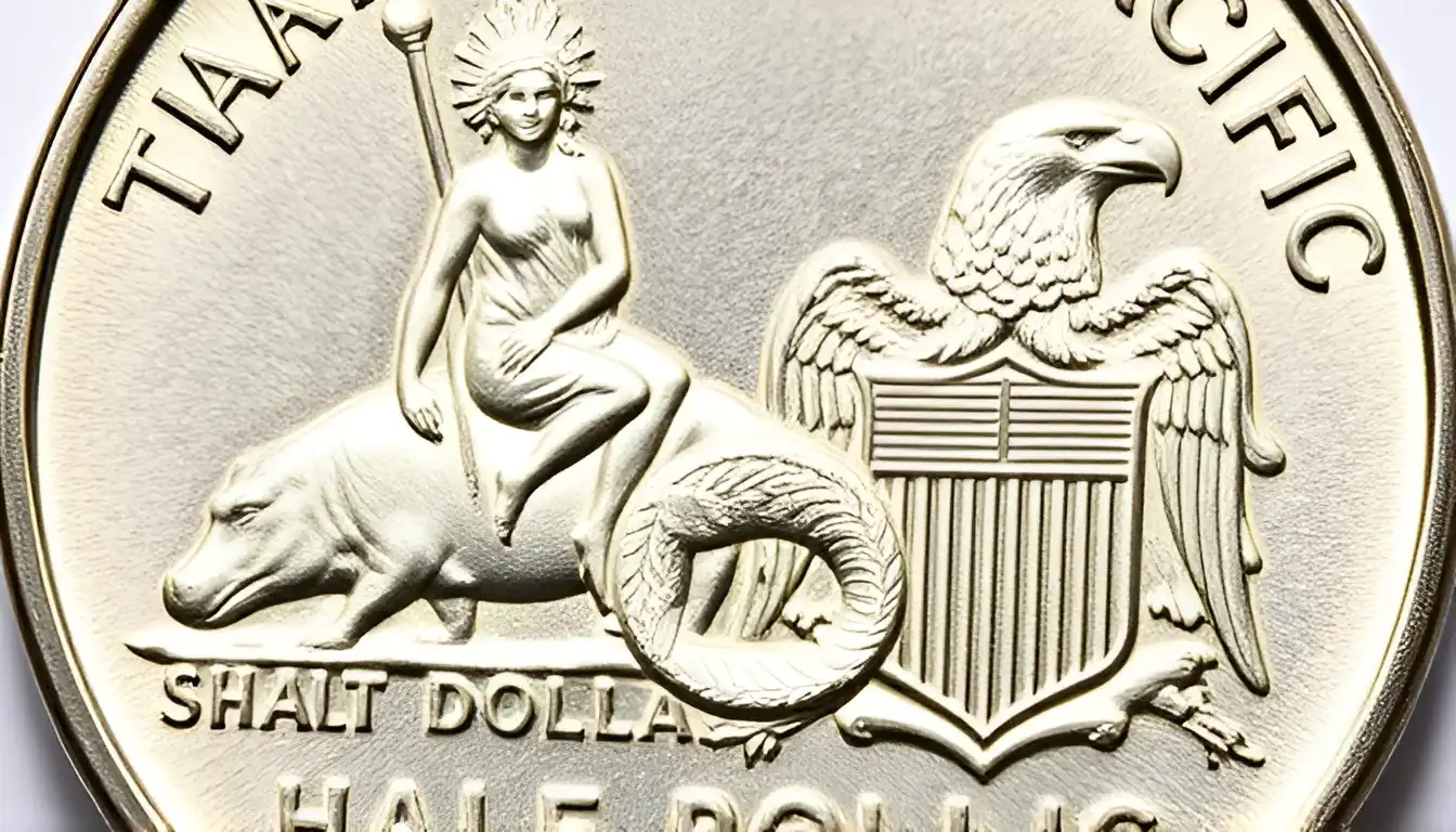 A close-up photo of a Panama-Pacific Half Dollar coin, featuring Liberty seated on a hippocampus on the obverse and an eagle perched on a Union shield on the reverse.