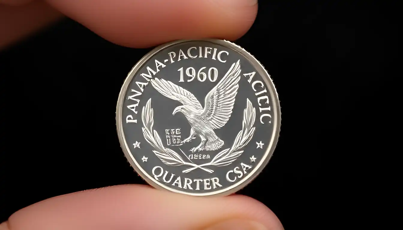 A picture of a person holding a Panama-Pacific Quarter Eagle coin between their fingers, with a focus on the coin's intricate designs and details.