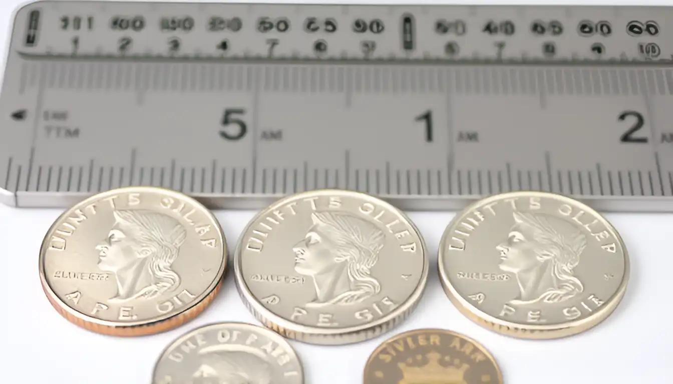 Picture showing coins that are laid flat with a scale in the background, highlighting the silver coin weight and peace dollar dimensions.