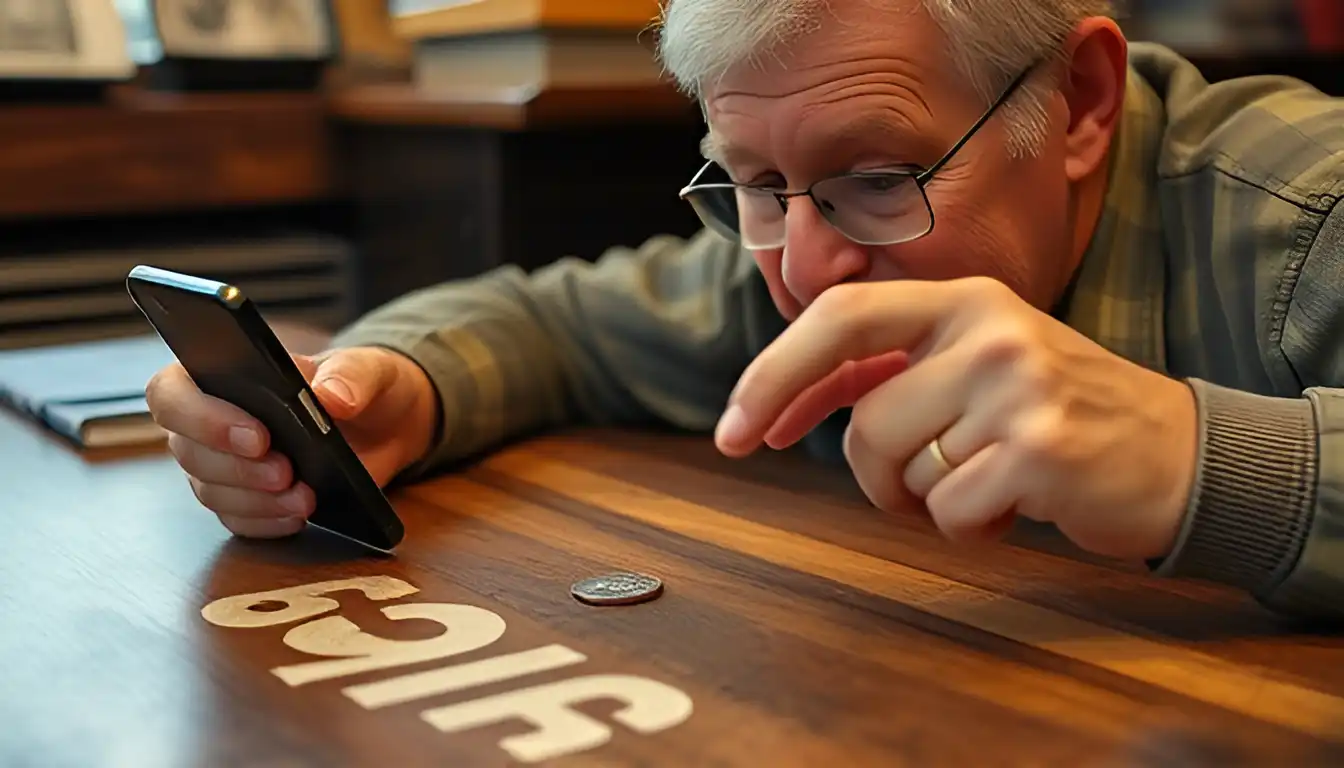 A satisfied collector scans the coin lying on the table in front of him with his phone to get information about the coin due to special app.