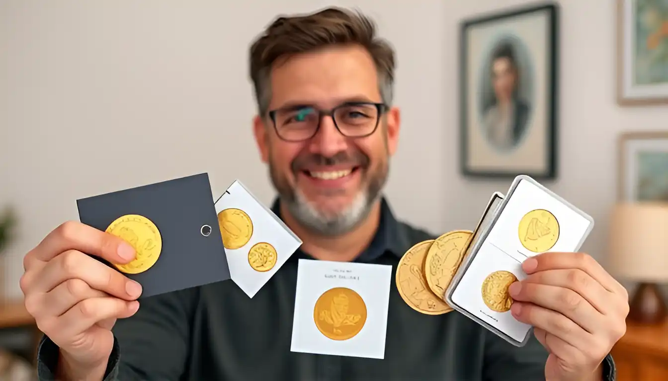 A passionate male collector proudly presenting his portfolio, featuring a range of popular gold coins such as the Canadian Gold Maple Leaf and British Sovereign.