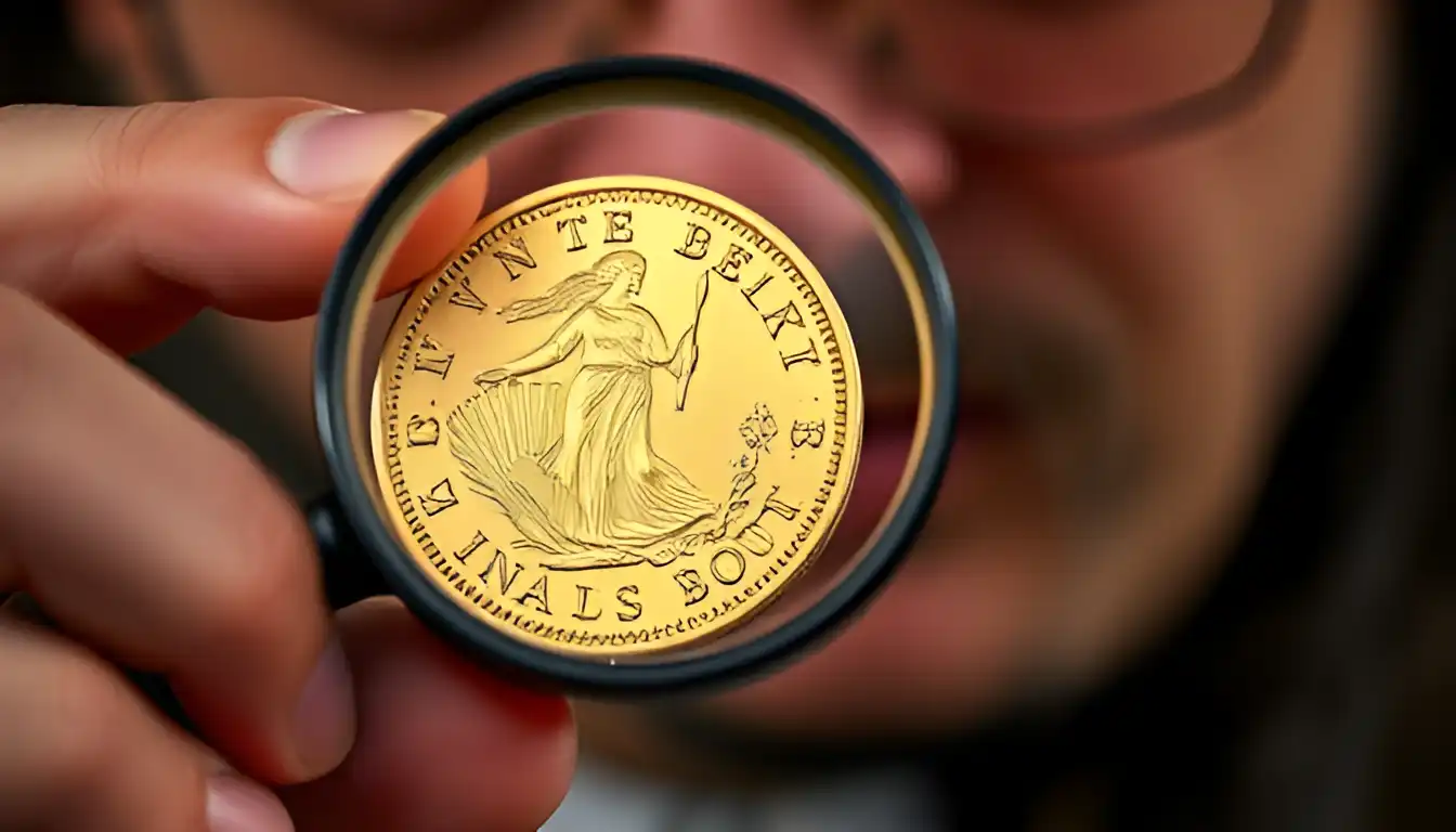 A gold coin collector carefully examines a Gold Chervonets with a magnifying glass, emphasizing the attention to detail required when handling popular gold coins.