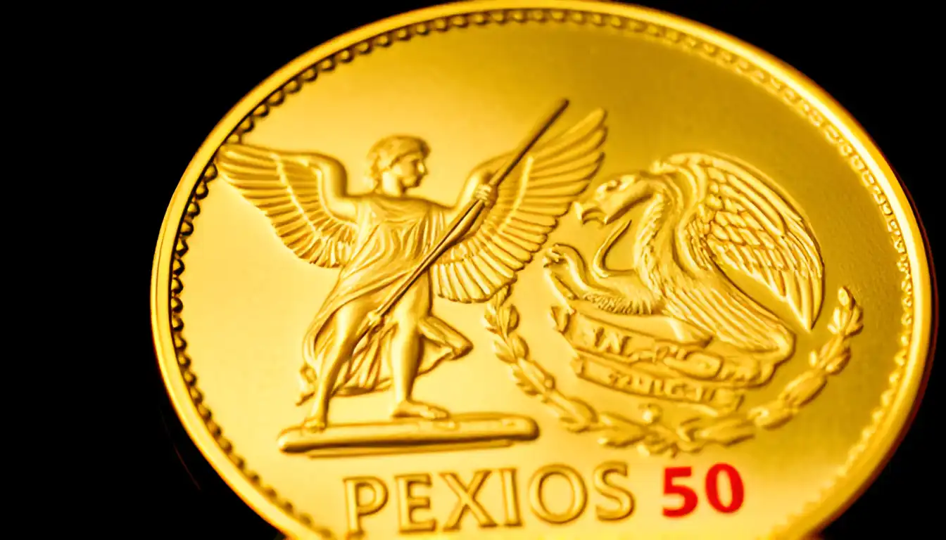 A close-up photo of a 50 Pesos Centenario gold coin, featuring the iconic Winged Victory on the obverse and the Mexican coat of arms with an eagle and snake on the reverse.