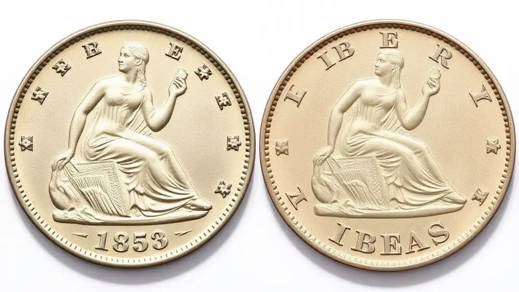 Side-by-side obverse and reverse of the 1853 Seated Liberty quarter dollar with arrows and rays, marking a weight change during its minting history.