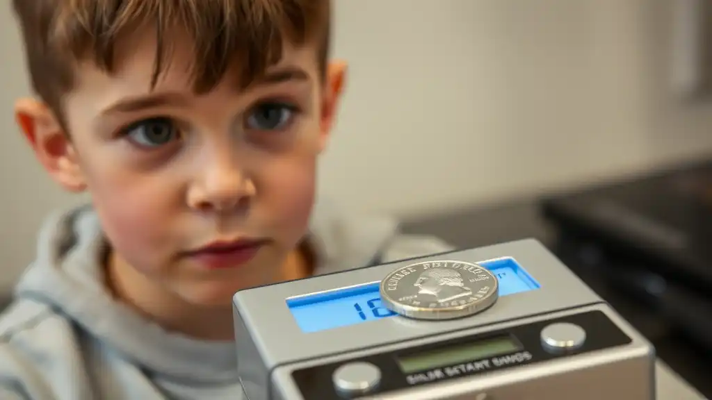 The young numismatist looks in surprise at the electronic scales on which the Silver Liberty quarter lies.