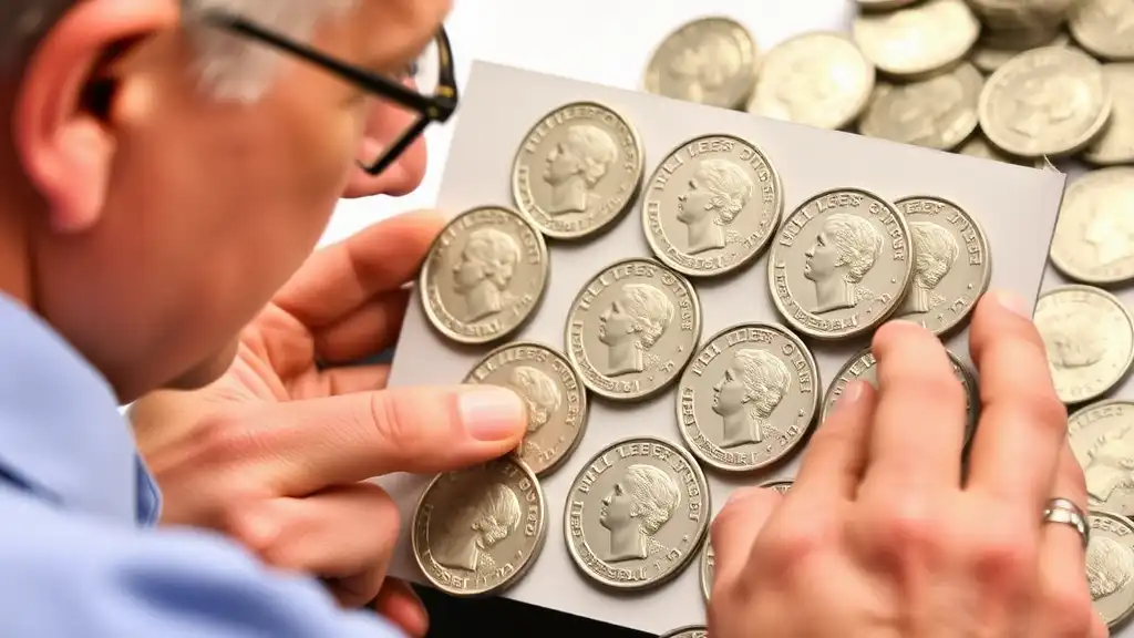 An expert carefully appraising a collection of Seated Liberty quarter dollars, focusing on rare dates and mint marks.