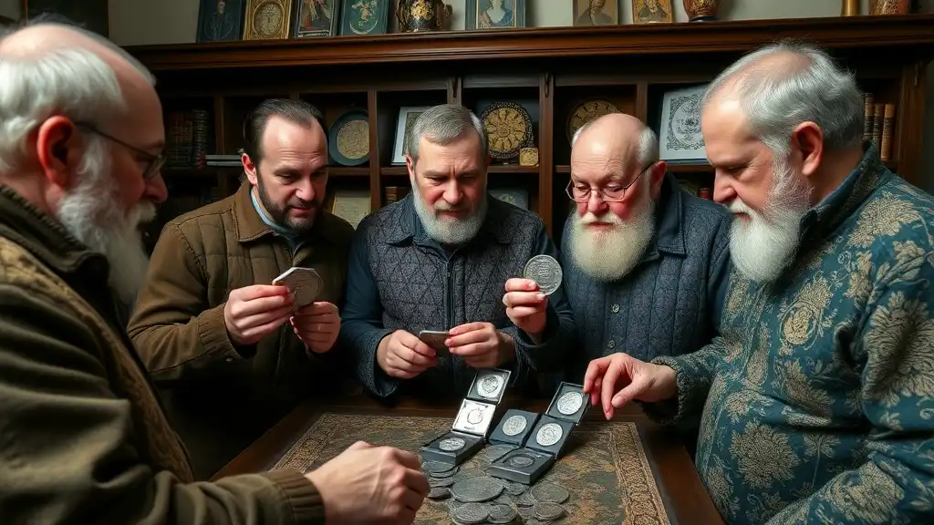 A group of coin collectors enthusiastically discusses the rarity and craftsmanship of Tudor Beasts silver coins, symbols of Tudor heraldry.