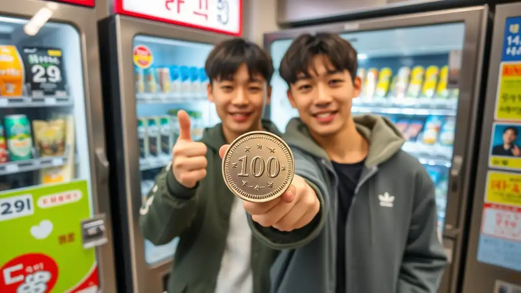 Korean male teens are standing nearby vending machines and holding a 100 South Korean Won coin in the palm of their hand and show their thumbs-up.