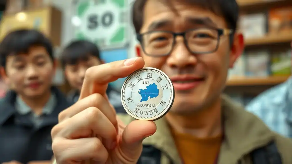 A coin enthusiast proudly displaying a korean coin, explaining its significance to fellow collectors and telling them about south korean 100 won coin value.