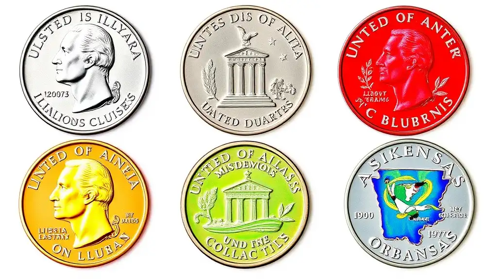 An image of a set of 2003 US Statehood Quarters that have been colorized, with vibrant colors highlighting the designs representing Illinois, Alabama, Maine, Missouri, and Arkansas.