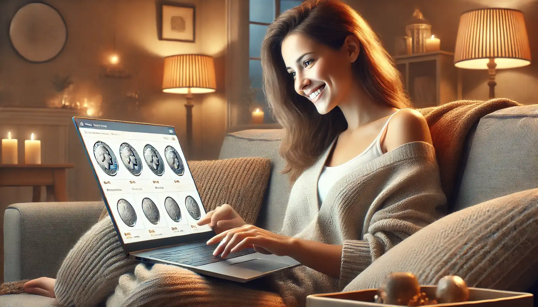 a smiling woman using her laptop while sitting on a sofa and looking through coins information