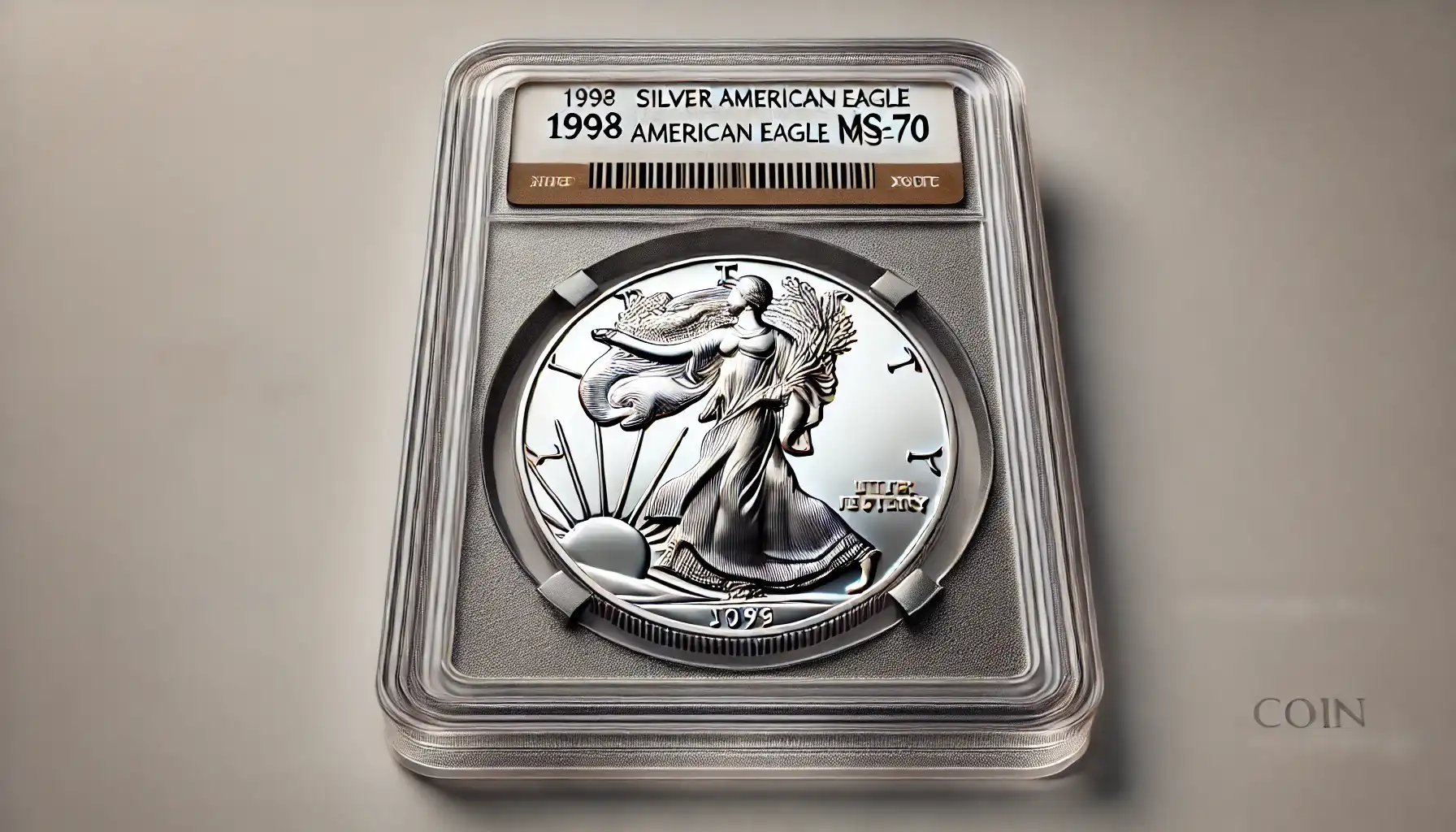 A certified 1998 Silver American Eagle MS-70 coin displayed in a coin registry set.