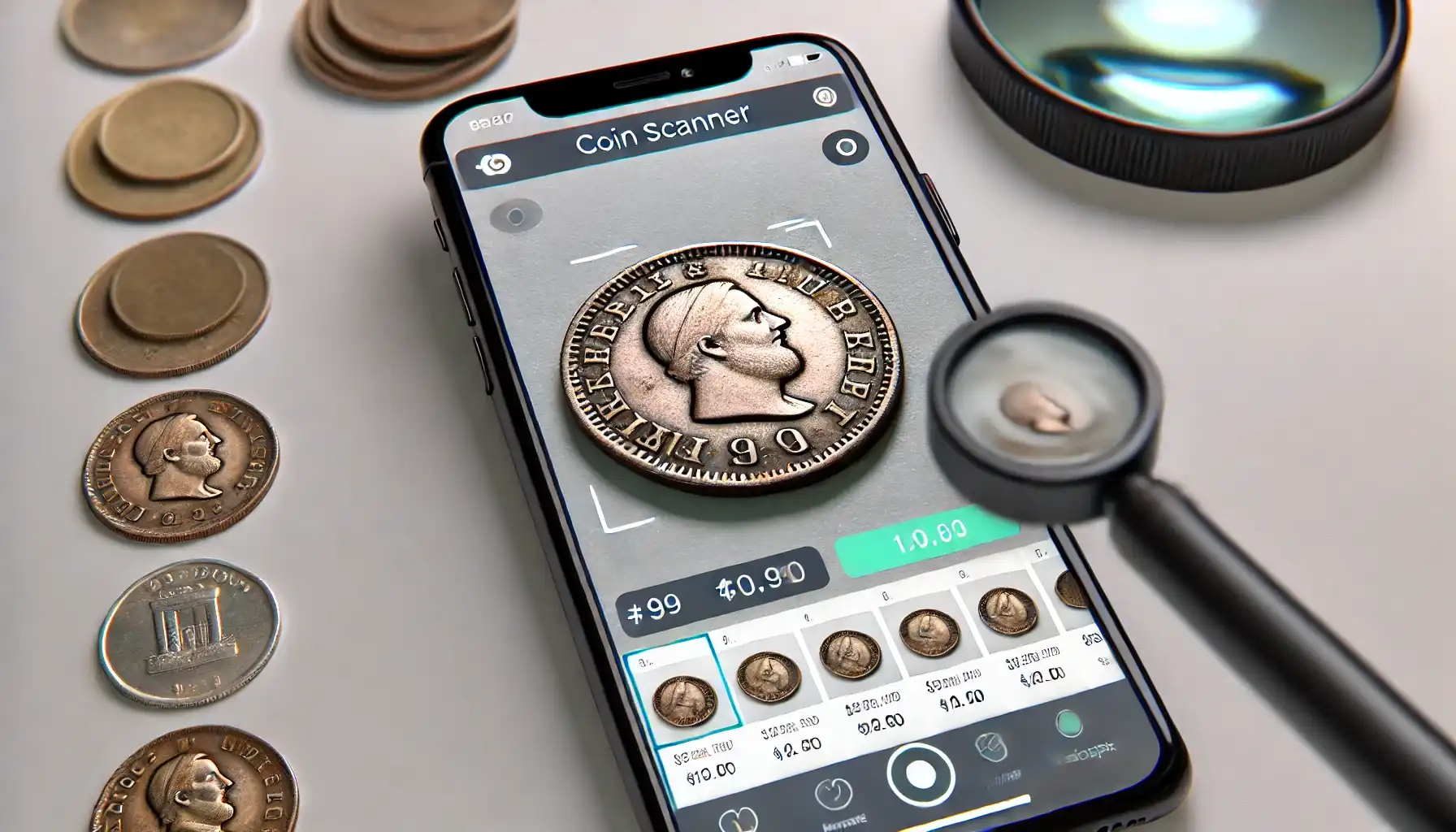 A close-up shot of a smartphone using a coin scanner for value, illustrating how easy it is to scan coins for value online.