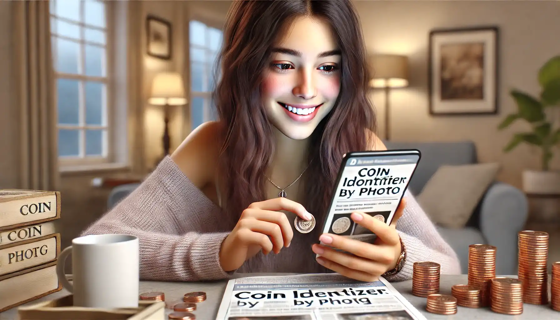 A satisfied girl smiles and reads the news on the blog of coin identifier by photo