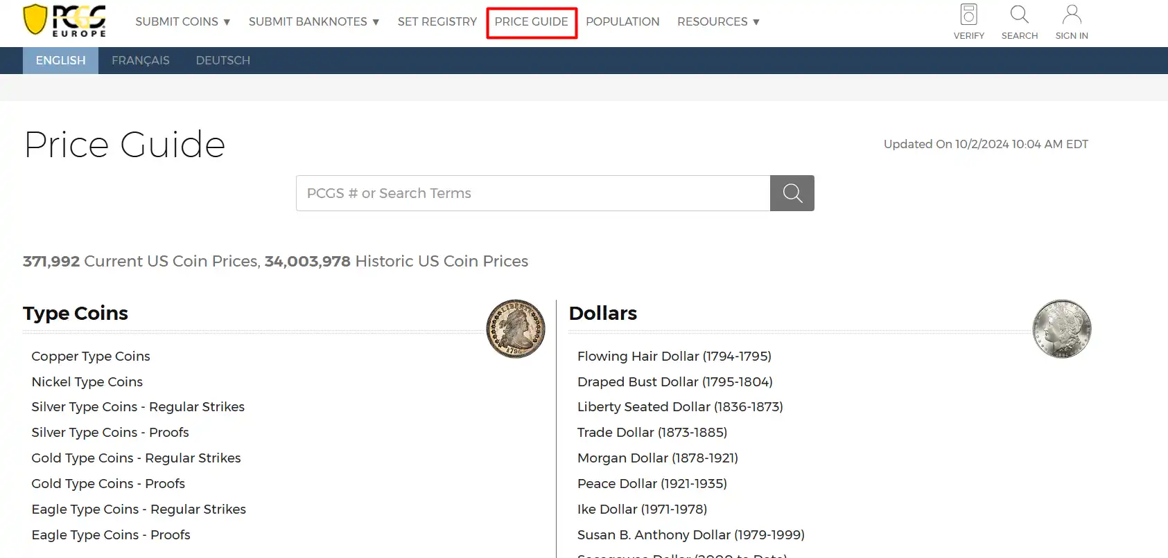 a screenshot of the PCGS online coin appraisal platform offering tools for numismatists to assess the value of their coins.