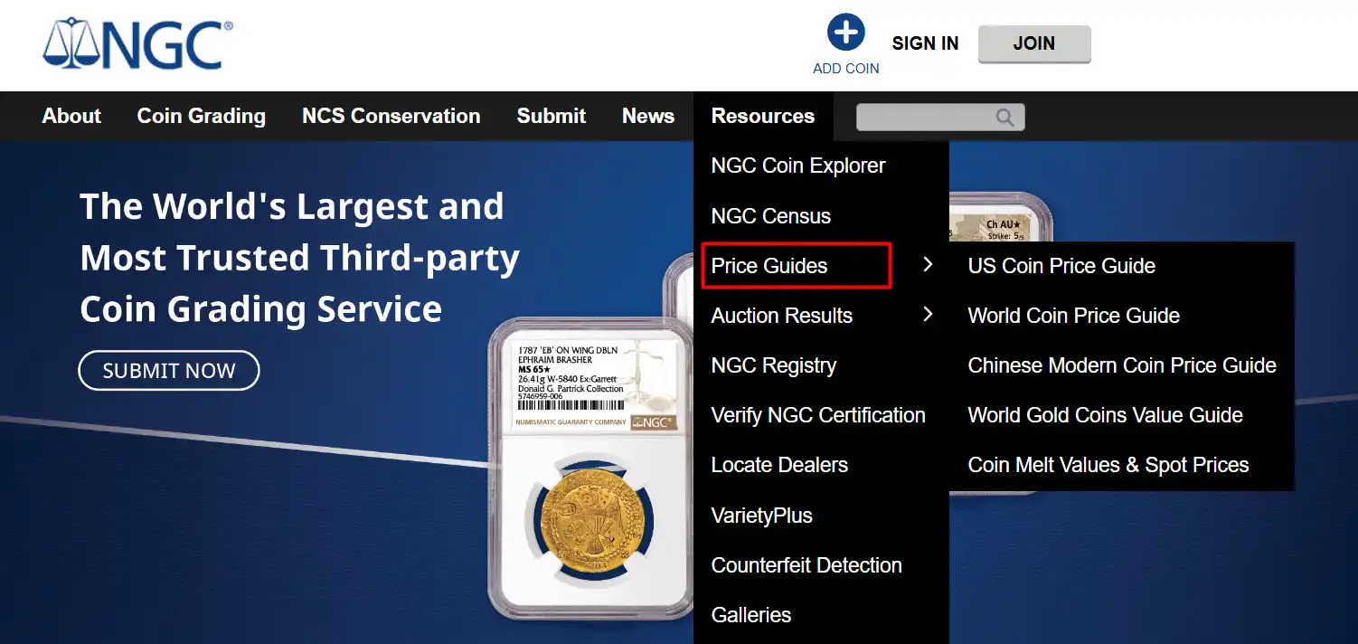 NGC’s online coin grading interface, used for free coin appraisals and error coin identification.