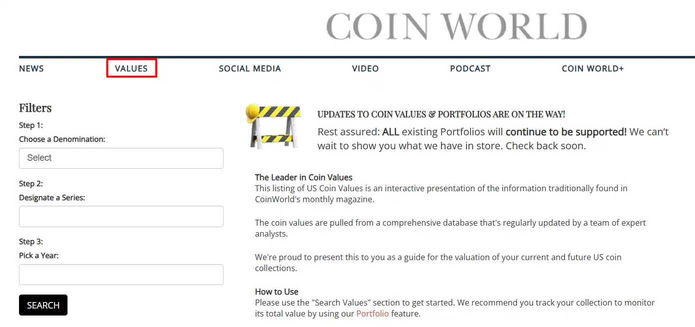 Coin World website offering coin market trends and appraisal tools for numismatists.