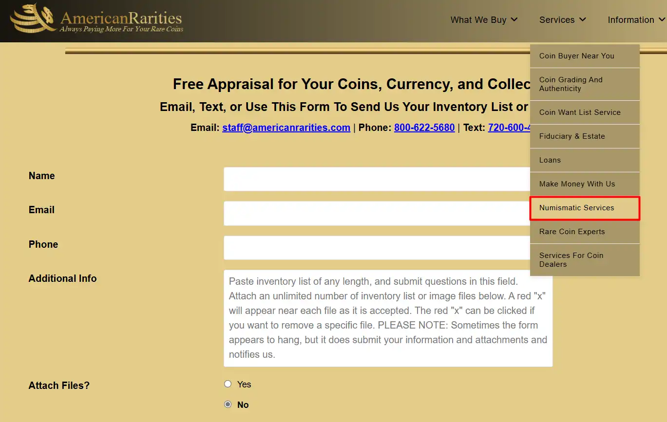 American Rarities online form for submitting coins for free appraisal and sale.