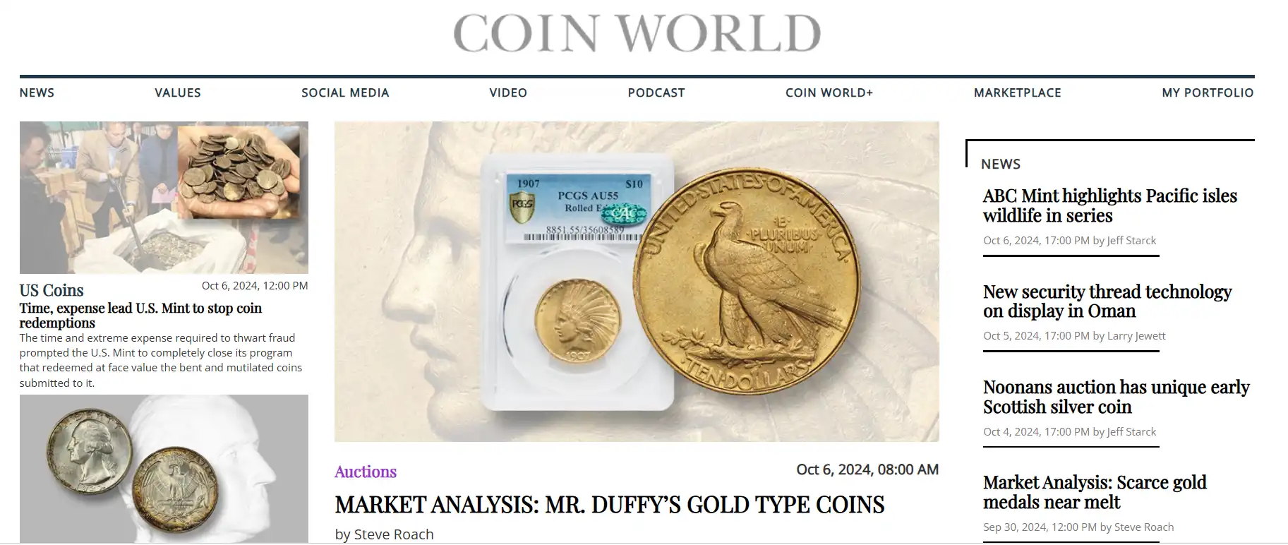 a screenshot from the Coin World magazine's website