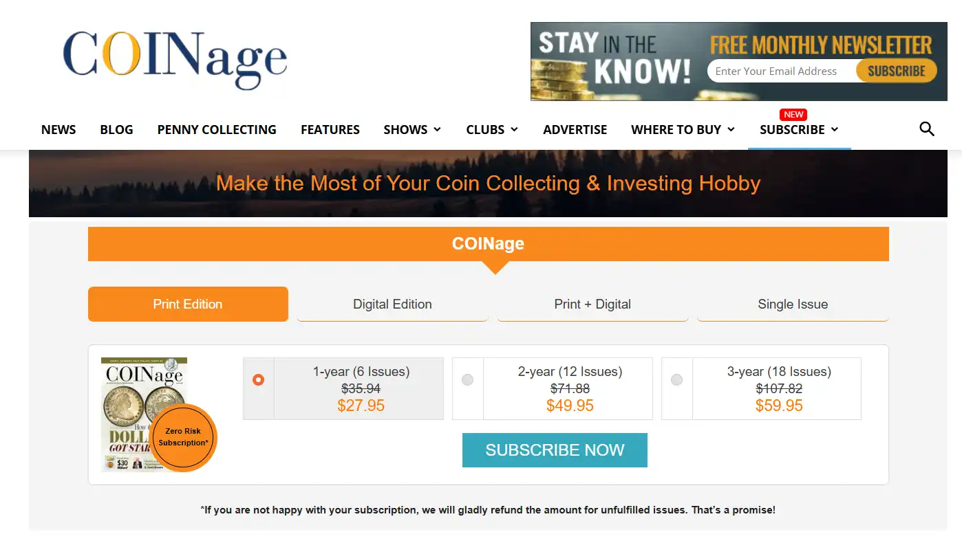 COINage magazine subscription information from the website