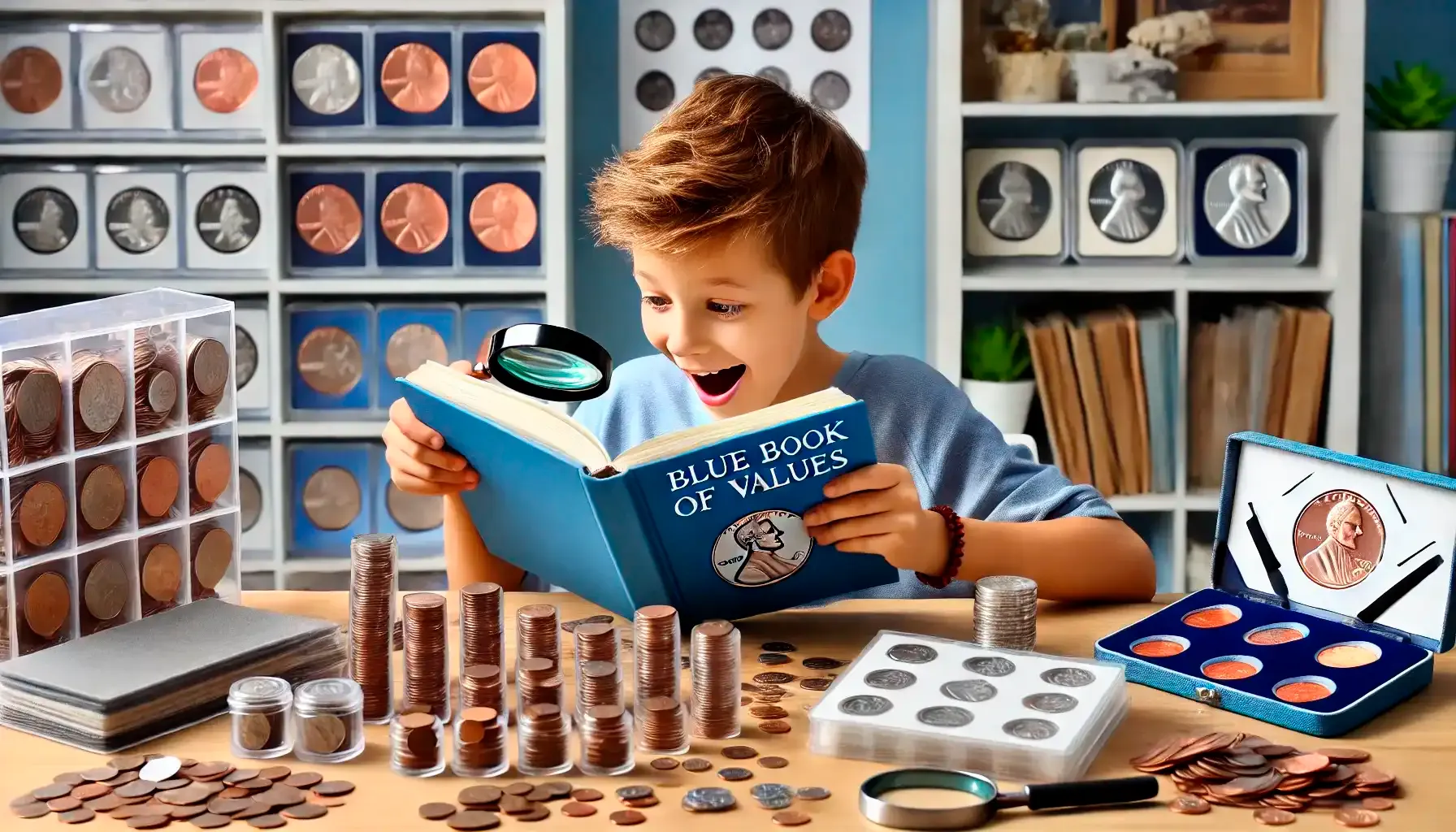 A young  numismatist eagerly flips through the Blue Book of Coin Values, learning about the latest 2024 pennies and other collectibles.