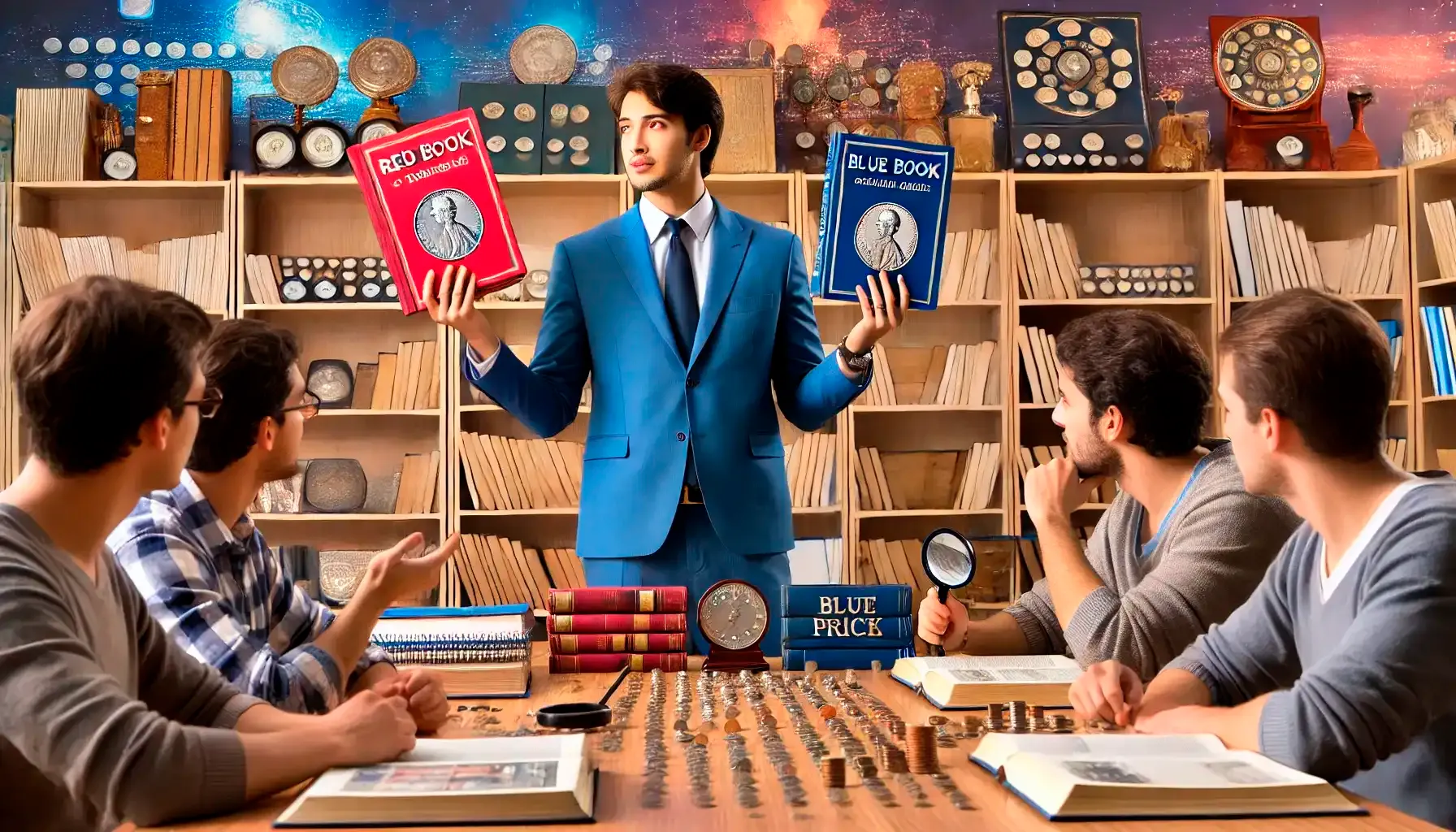 Collector holding both Red and Blue Books, explaining for begginers the use of Red Book for retail prices, while using Blue Book for deeper value analysis and sales.