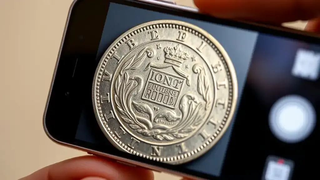 Close-up of a coin being photographed with a smartphone for coin identification