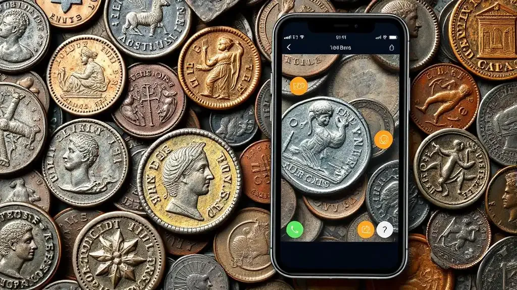 A collection of Roman and ancient coins identified using a mobile app.