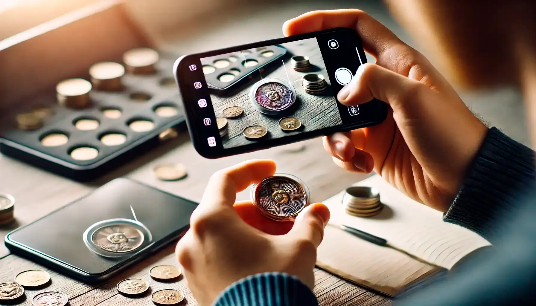 A picture of a person aiming their phone camera at a coin, using it to identify the coin's details