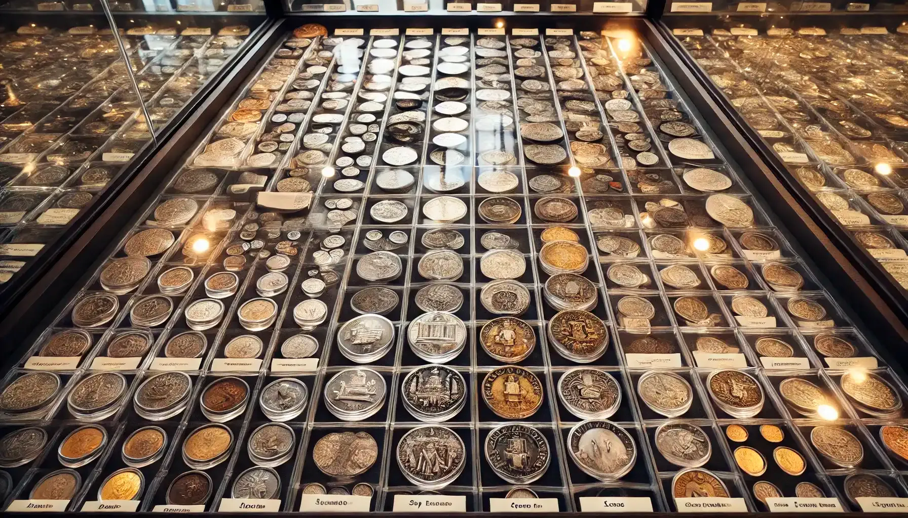 A picture of a display case filled with coins, each coin neatly arranged in rows or compartments