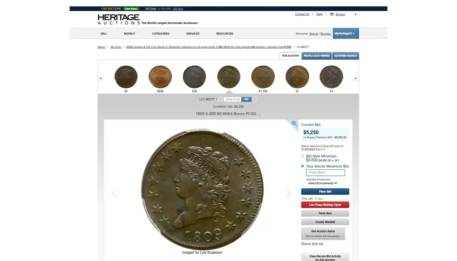 A screenshot from the Heritage Auctions website