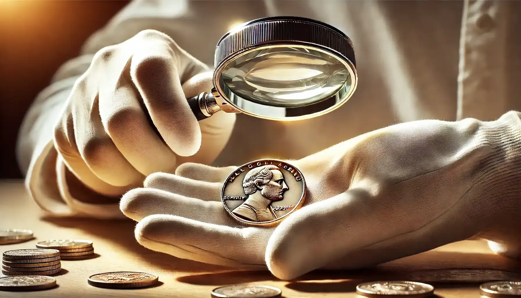 A picture of a coin collector holding a magnifying glass, carefully examining the details of a coin, with focus on their hands and the lens