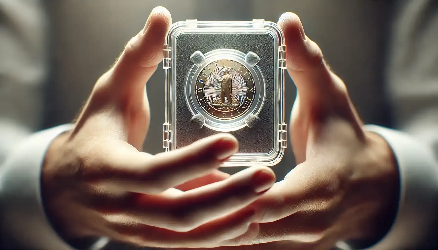 A picture of a coin holder displaying a single coin encased in a clear plastic