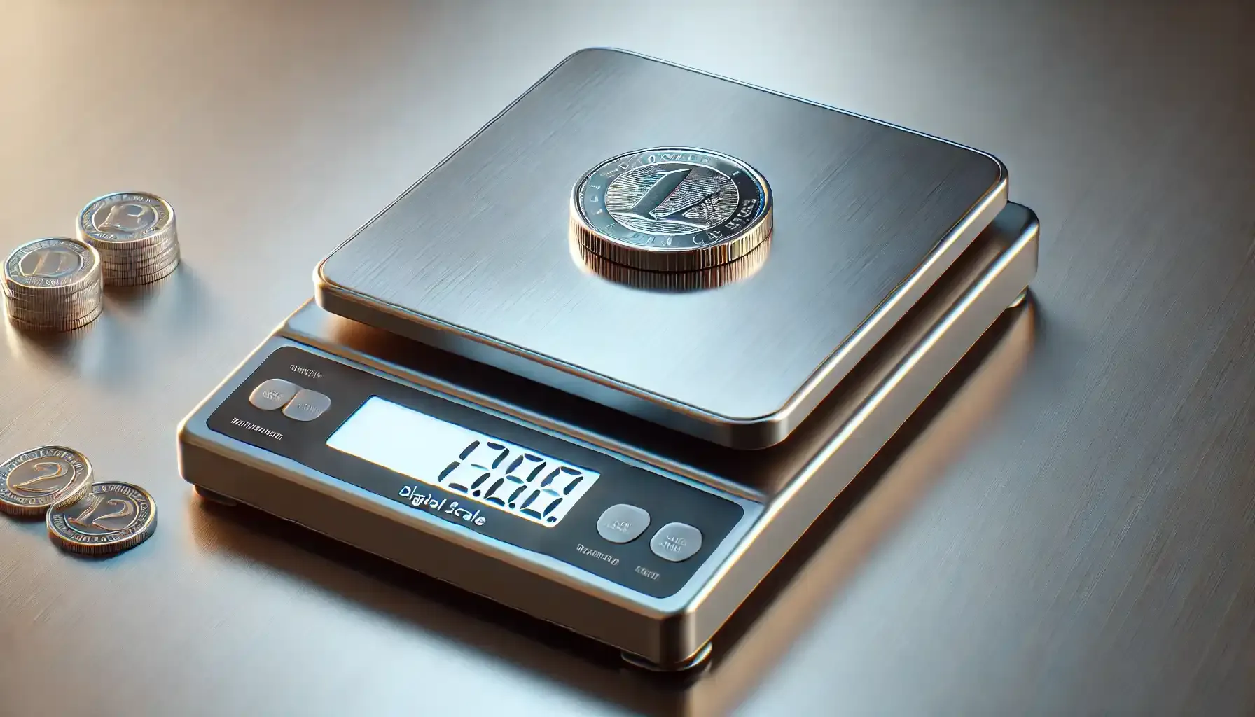 A picture of a digital scale with a coin placed on its stainless steel platform