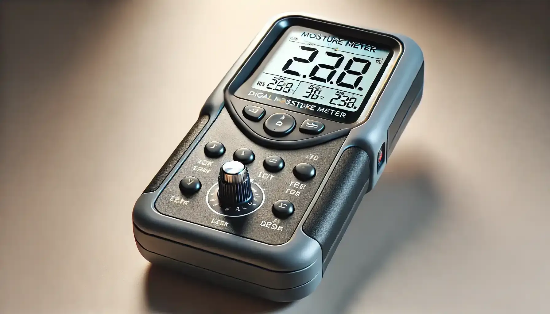 A digital moisture meter with a compact handheld design, featuring a digital display