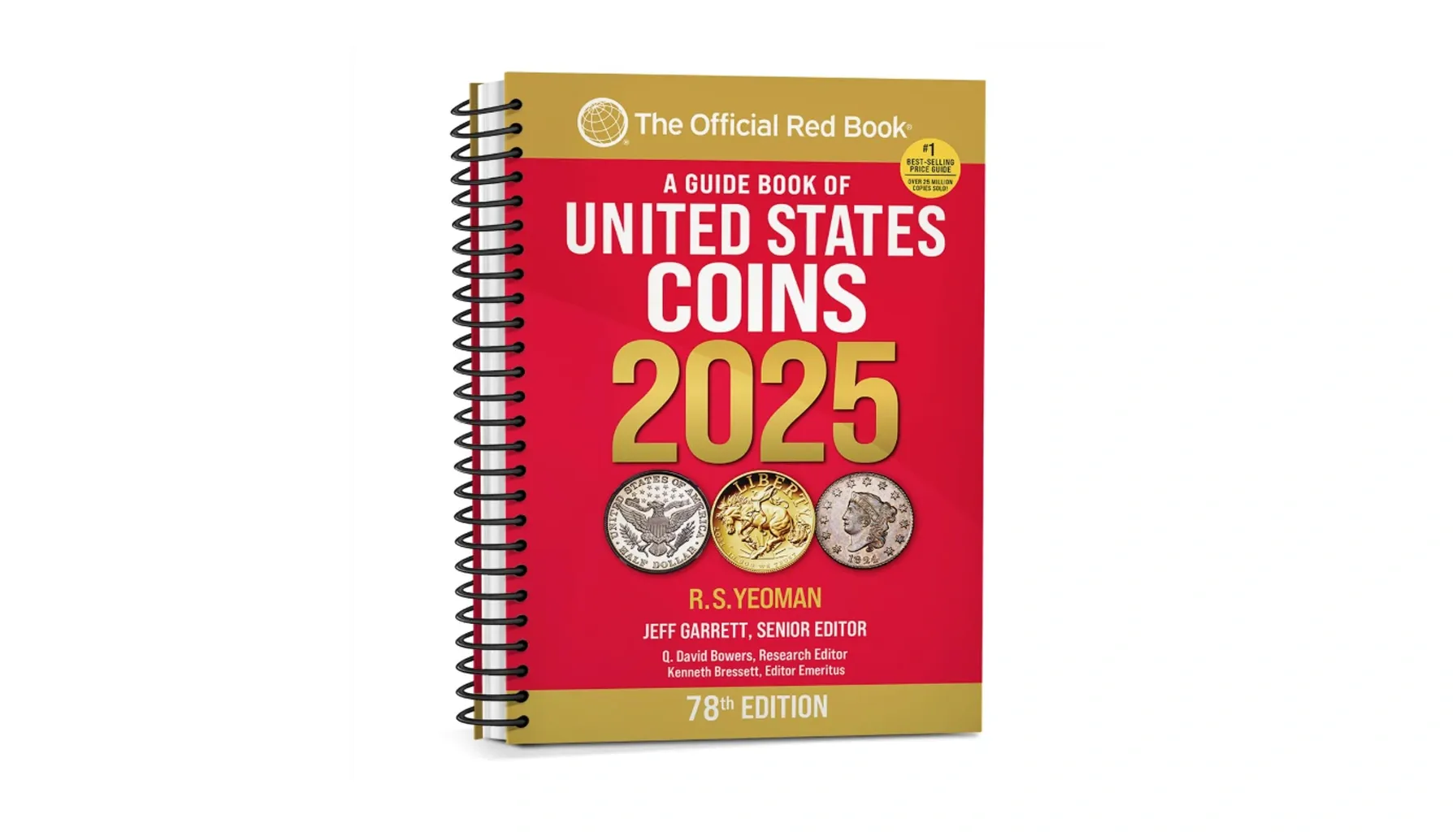 A cover of A Guide Book of United States Coins 2025, also known as the "Redbook", featuring its iconic red design.