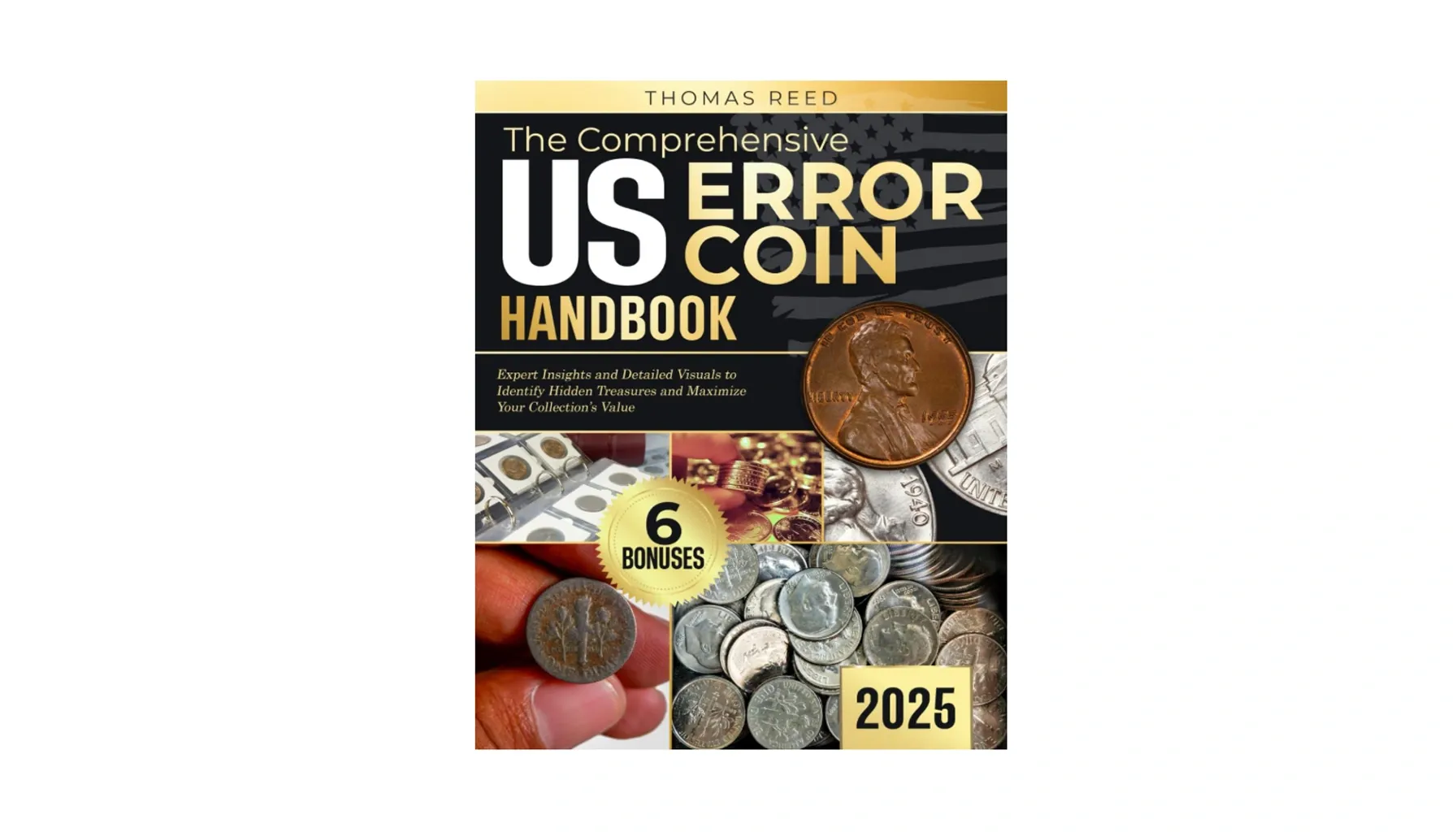 A cover of The Comprehensive US Error Coins Handbook featuring detailed imagery of coins with notable minting errors.