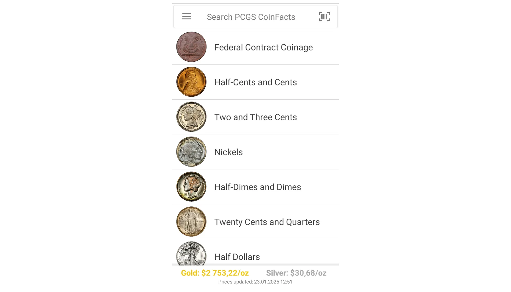 A screenshot of the main screen from the PCGS CoinFacts app