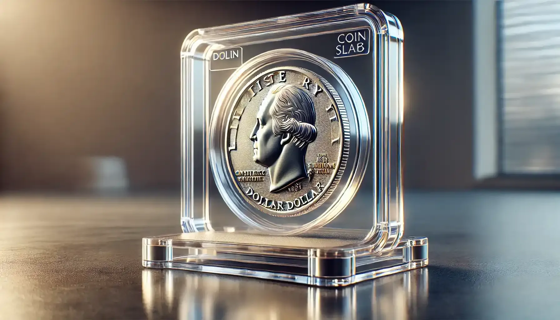 A picture of a modern dollar coin securely encased in a transparent coin slab with its label visible.