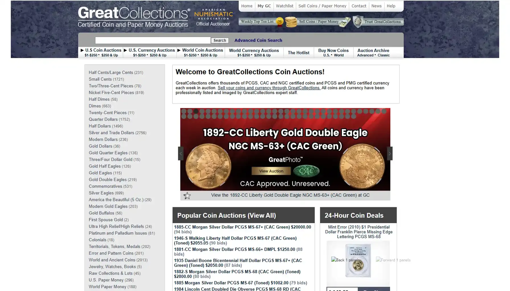 A screenshot of the GreatCollections website, featuring an auction listing for collectible coins.