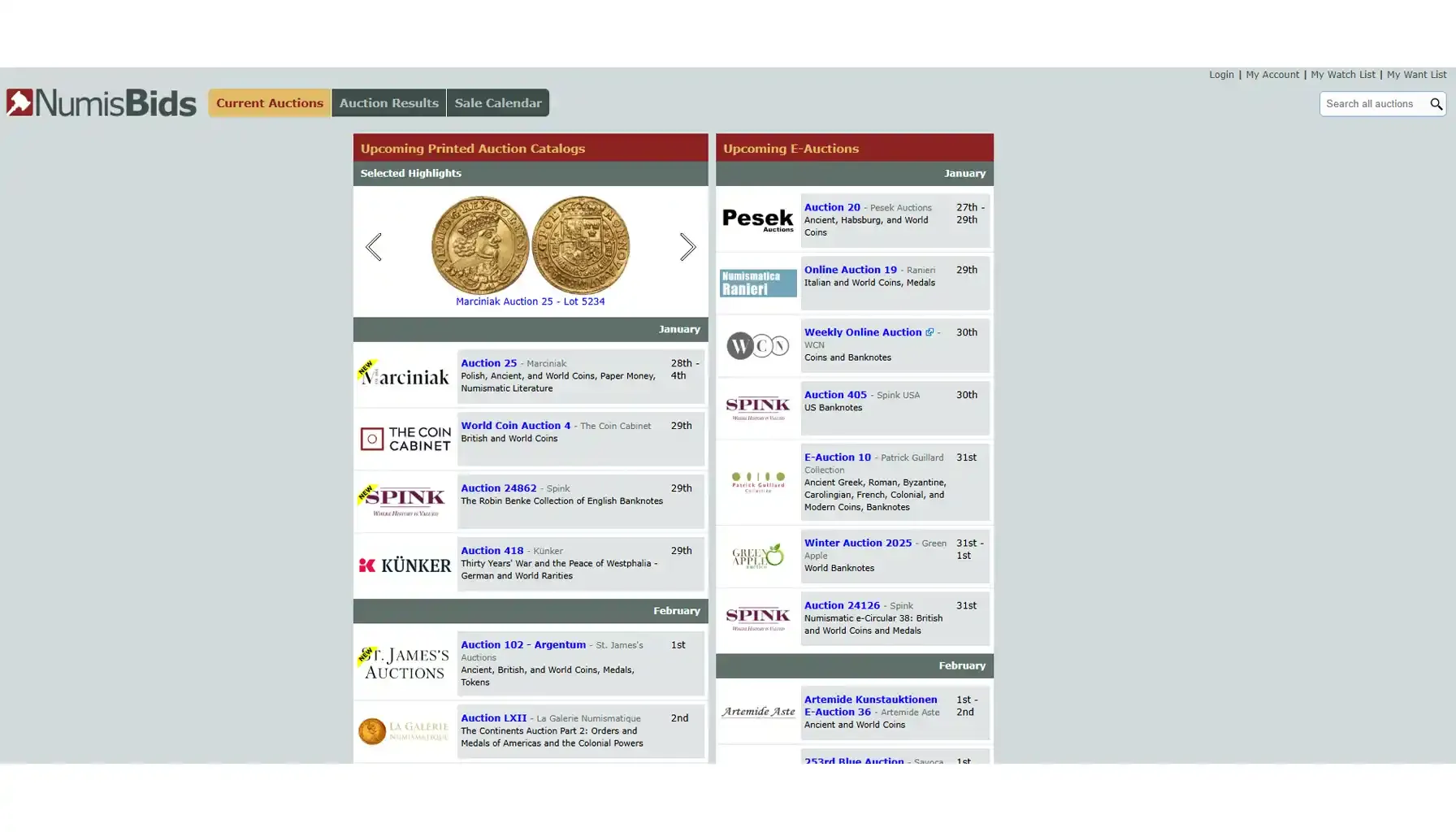 A screenshot of the NumisBids website, showing a selection of active coin auctions and detailed listings.