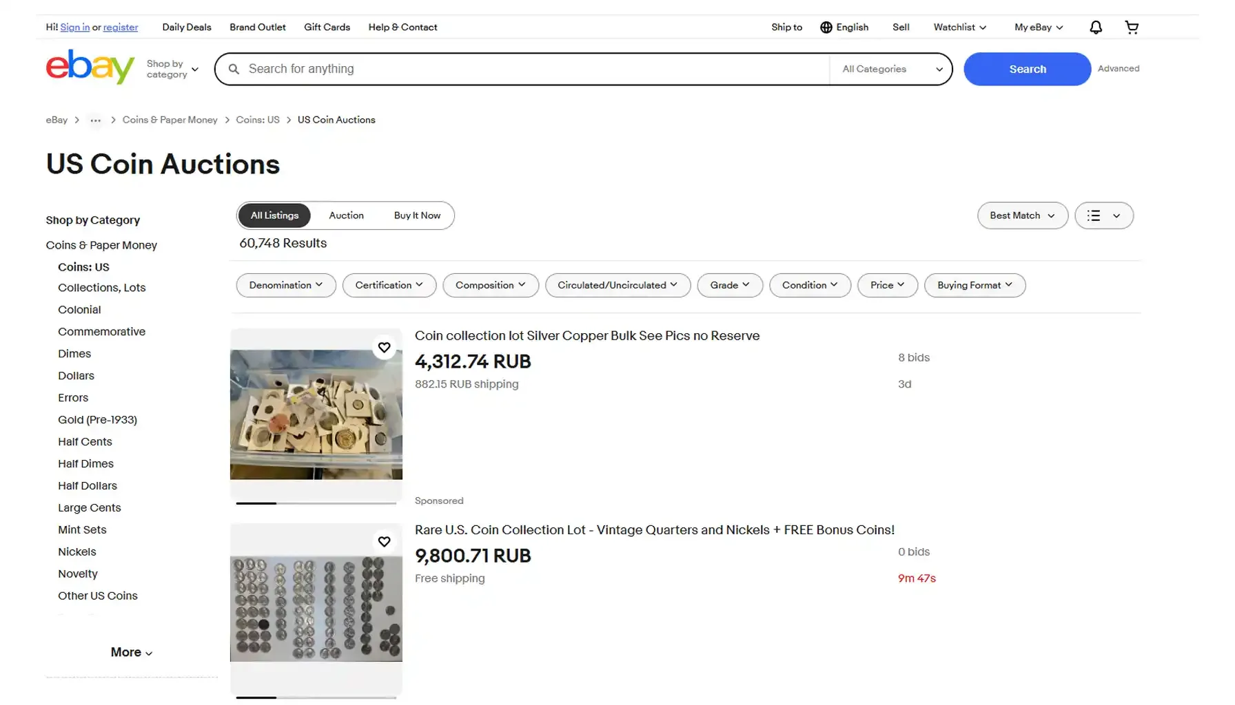 A screenshot of eBay's auction section, displaying various collectible coins up for bid.