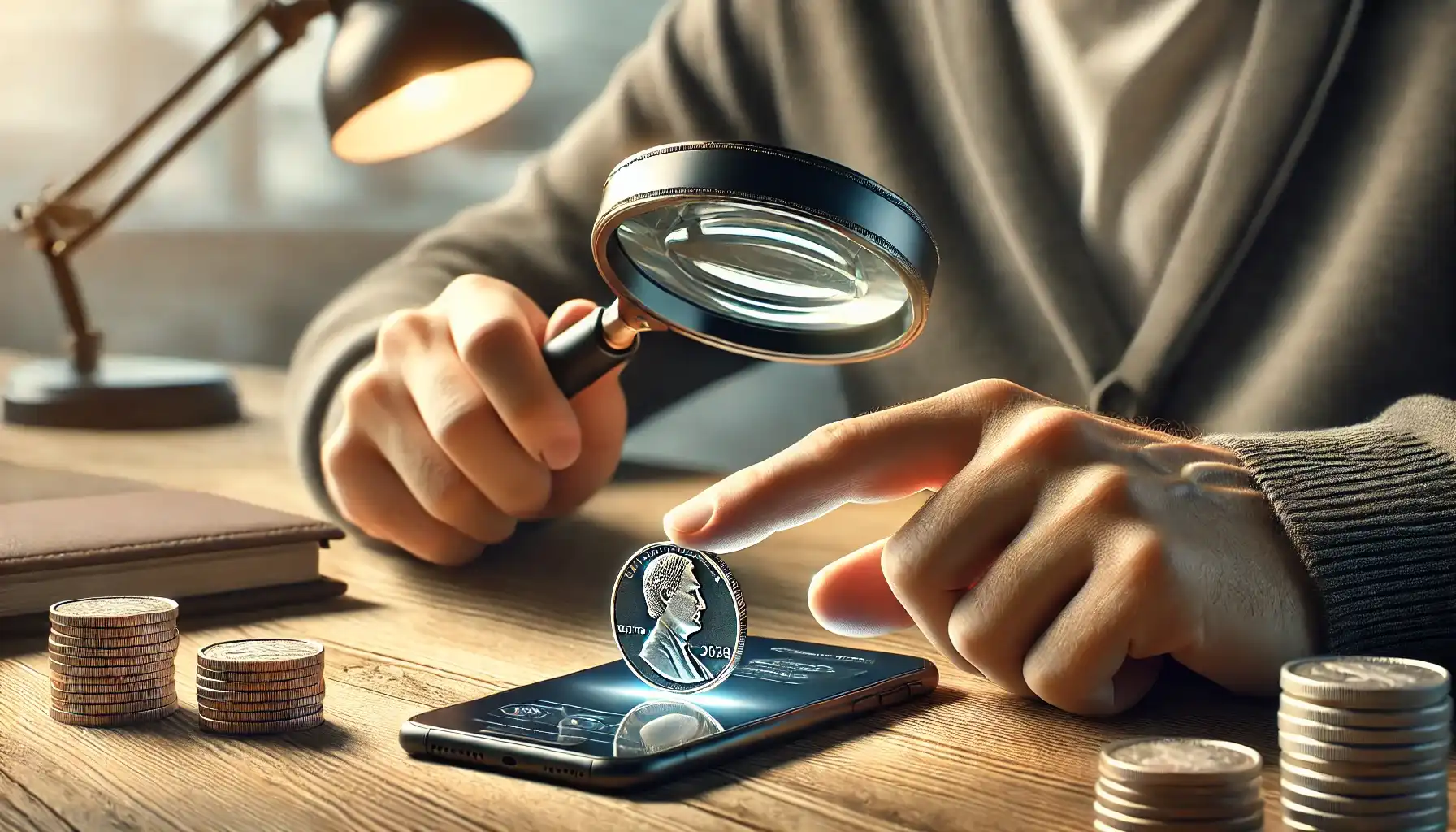 A picture of a person looking at the coin with a magnifier held in their hand, while a phone with the turned-on coin imager lying nearby.