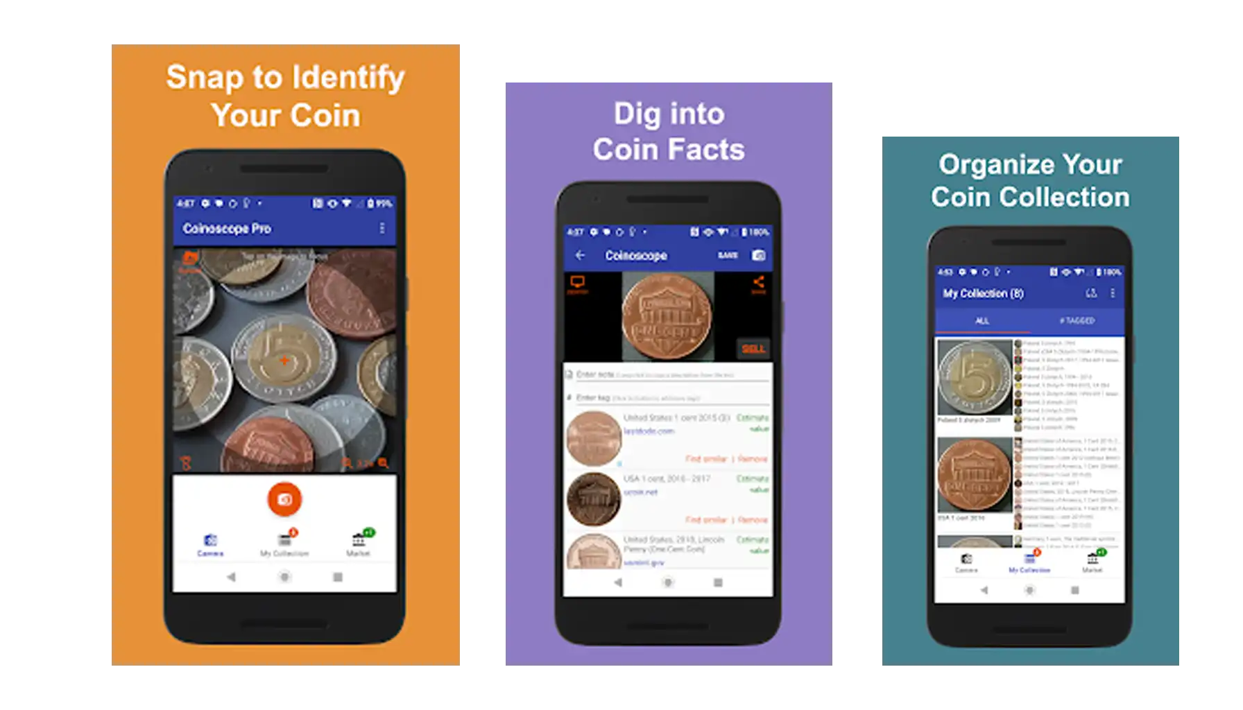 A screenshot from the Coinoscope app, displaying detailed coin identification and information features.