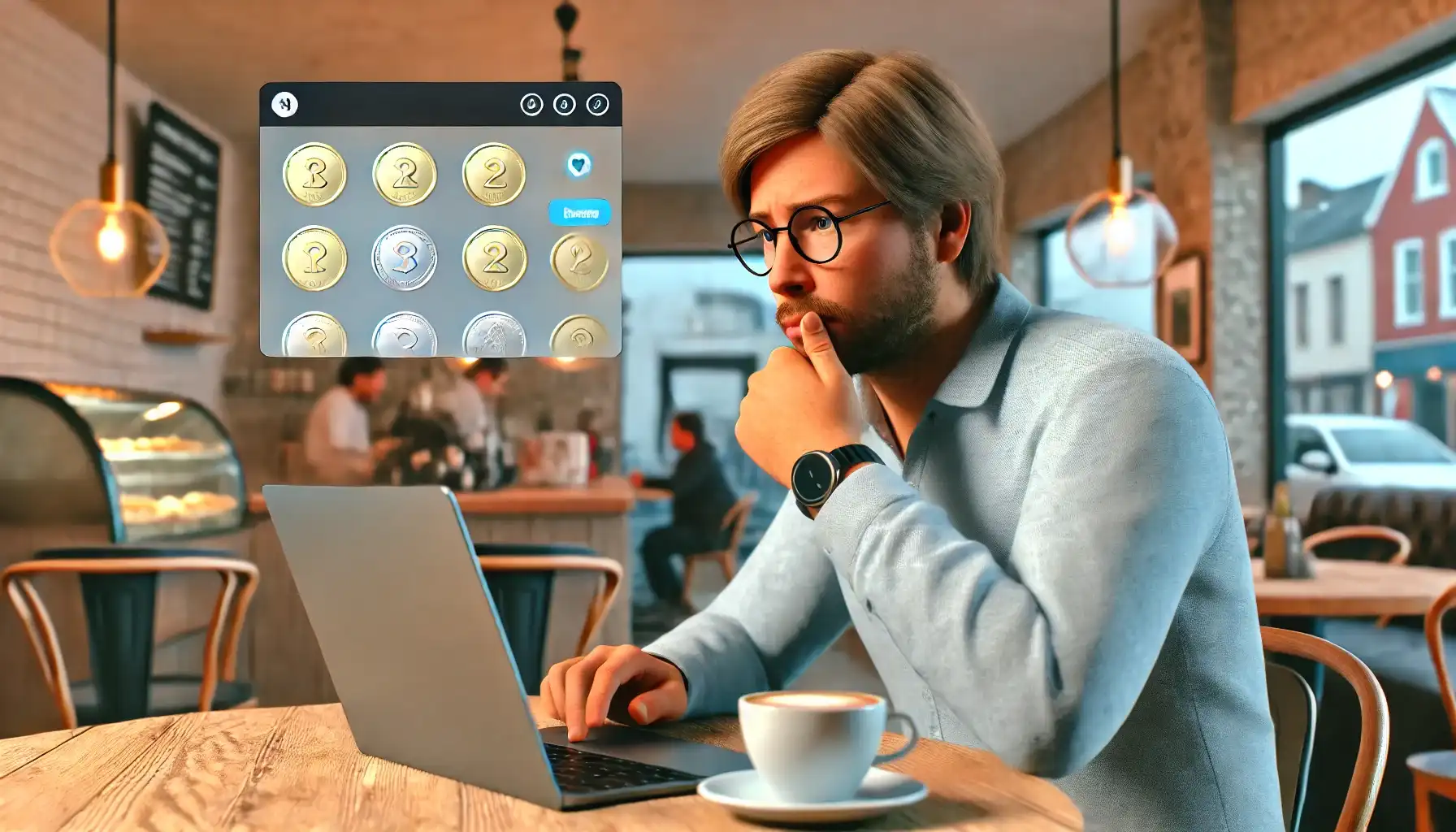 a thoughtful man using his laptop in a cafe to understand which coin value identifier to choose