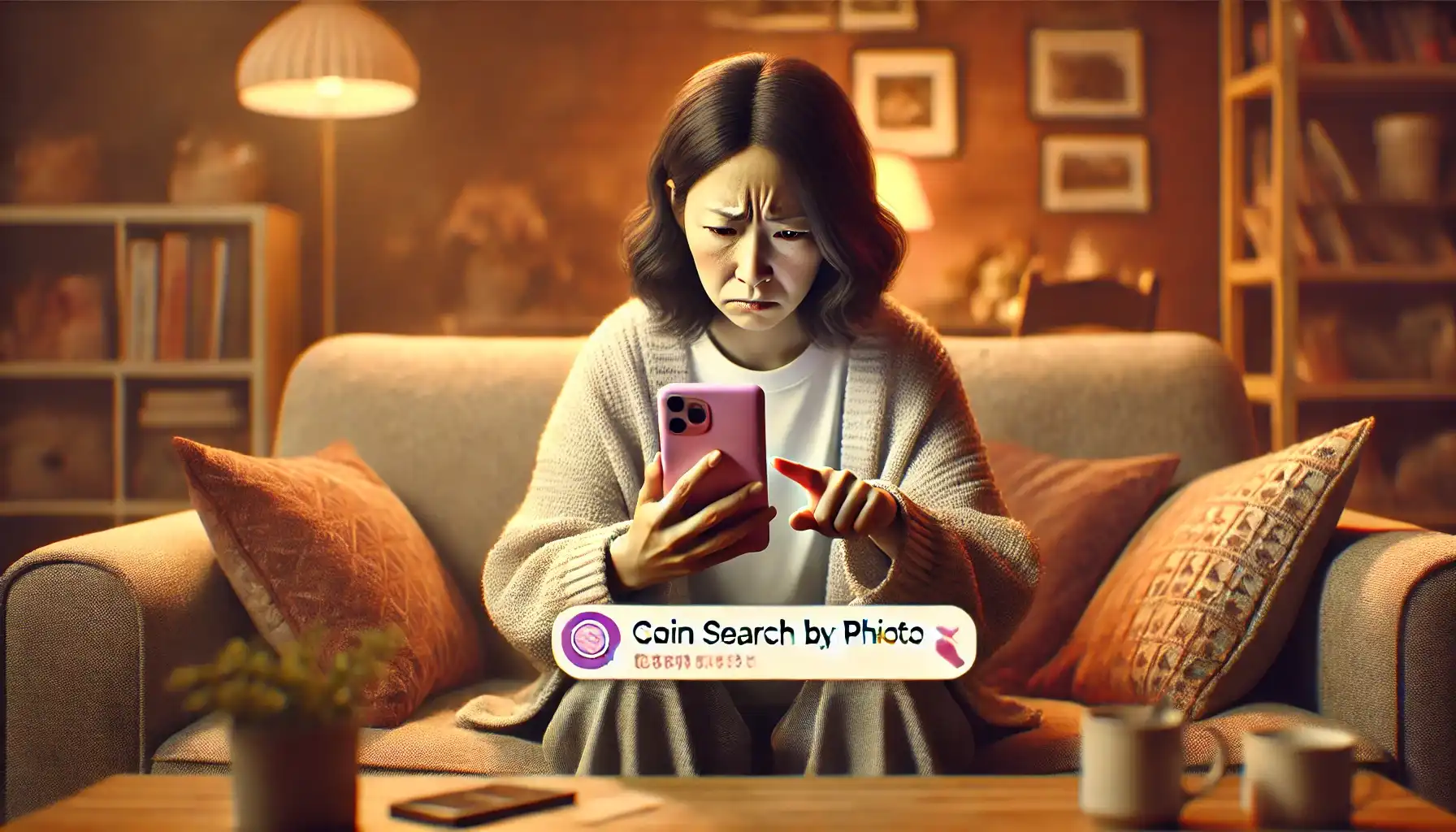 an irritated woman writing a negative review about coin search by photo using her pink phone in a cozy room