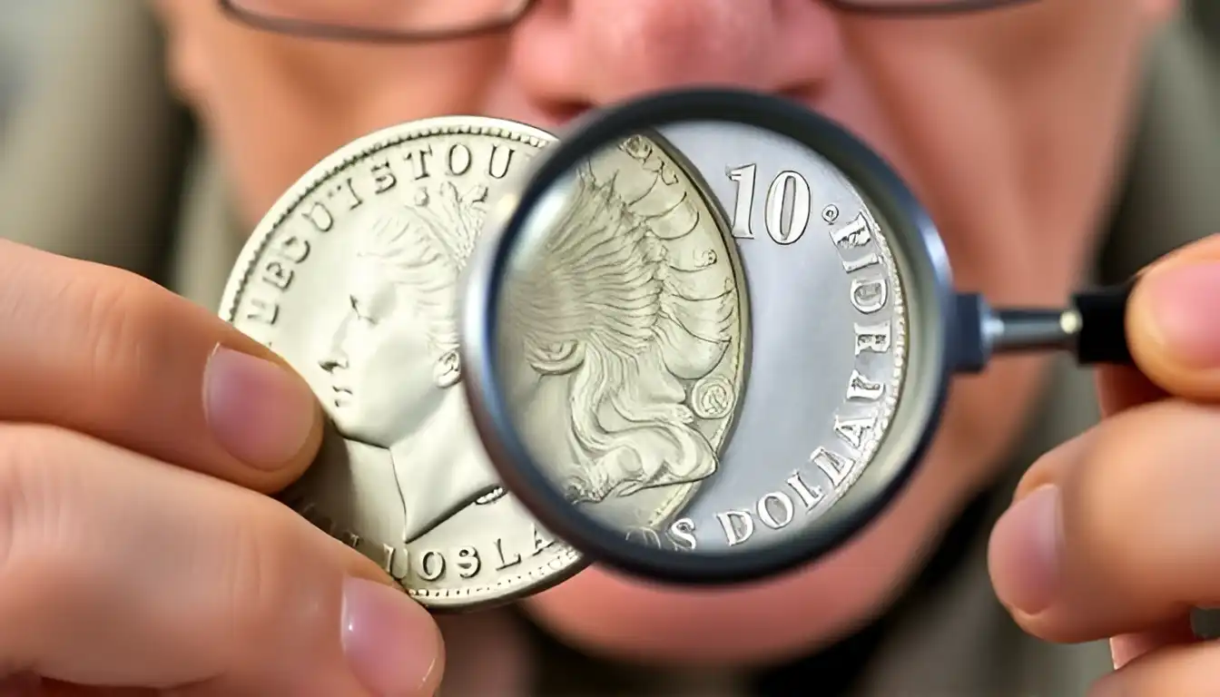 A coin collector using a magnifying glass to inspect a Morgan dollar, illustrating how to grade a Morgan silver dollar.