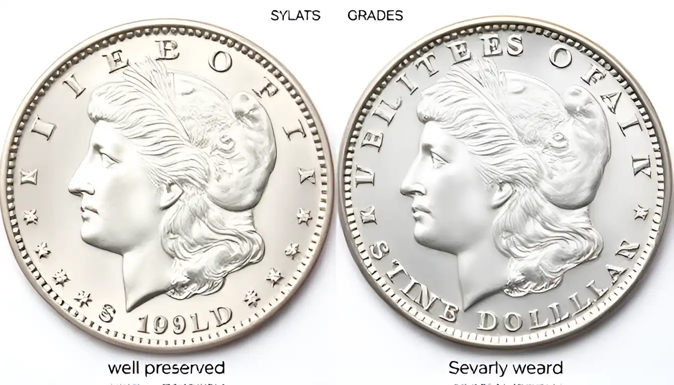 A side-by-side comparison of well preserved and sevearly weared Morgan dollar grades, showing the wear progression in graded Morgan silver dollars.